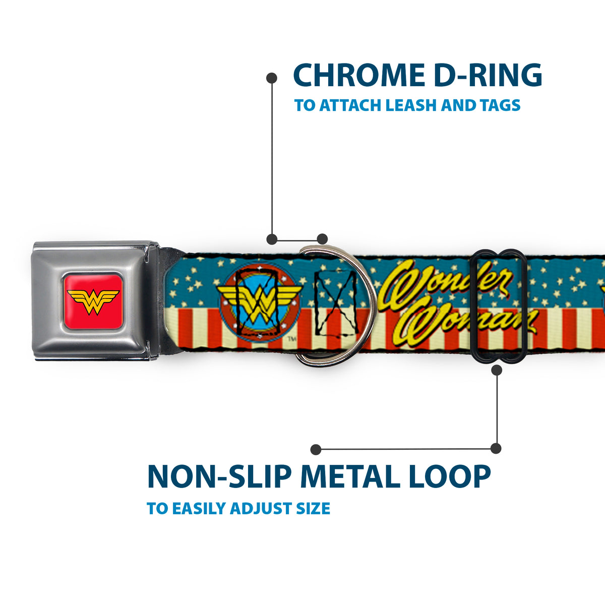 Wonder Woman Logo Full Color Red Seatbelt Buckle Collar - WONDER WOMAN/Logo Americana Red/White/Blue/Yellow Dog Collars Seatbelt Buckle DC Comics
