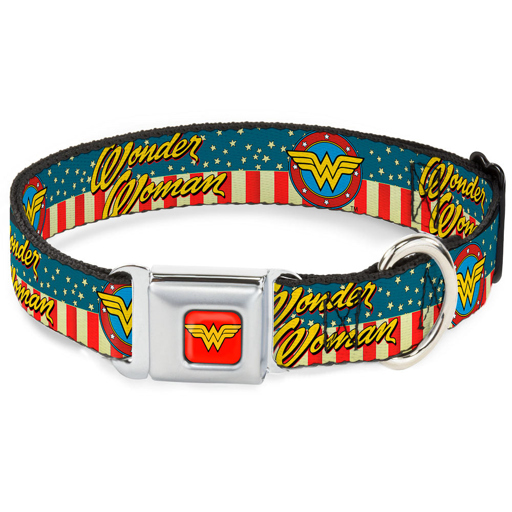 Wonder Woman Logo Full Color Red Seatbelt Buckle Collar - WONDER WOMAN/Logo Americana Red/White/Blue/Yellow Dog Collars Seatbelt Buckle DC Comics