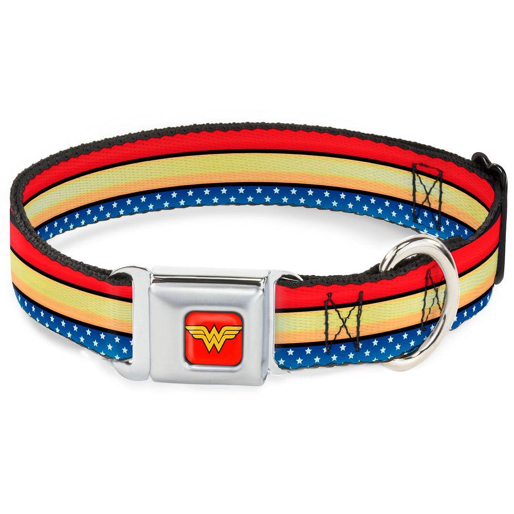 Wonder Woman Logo Full Color Red Seatbelt Buckle Collar - Wonder Woman Stripe/Stars Red/Gold/Blue/White Dog Collars Seatbelt Buckle DC Comics