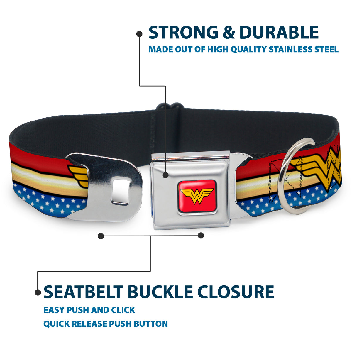 Wonder Woman Logo Full Color Red Seatbelt Buckle Collar - Wonder Woman Logo Stripe/Stars Red/Gold/Blue/White Dog Collars Seatbelt Buckle DC Comics