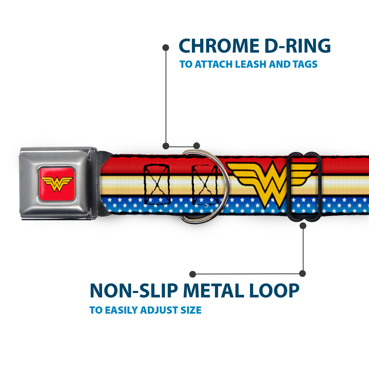 Wonder Woman Logo Full Color Red Seatbelt Buckle Collar - Wonder Woman Logo Stripe/Stars Red/Gold/Blue/White Dog Collars Seatbelt Buckle DC Comics