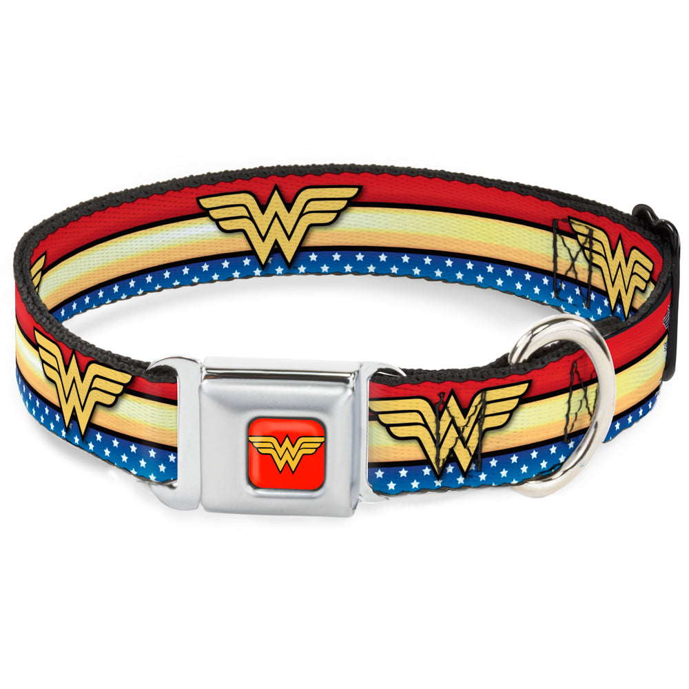 Wonder Woman Logo Full Color Red Seatbelt Buckle Collar - Wonder Woman Logo Stripe/Stars Red/Gold/Blue/White Dog Collars Seatbelt Buckle DC Comics