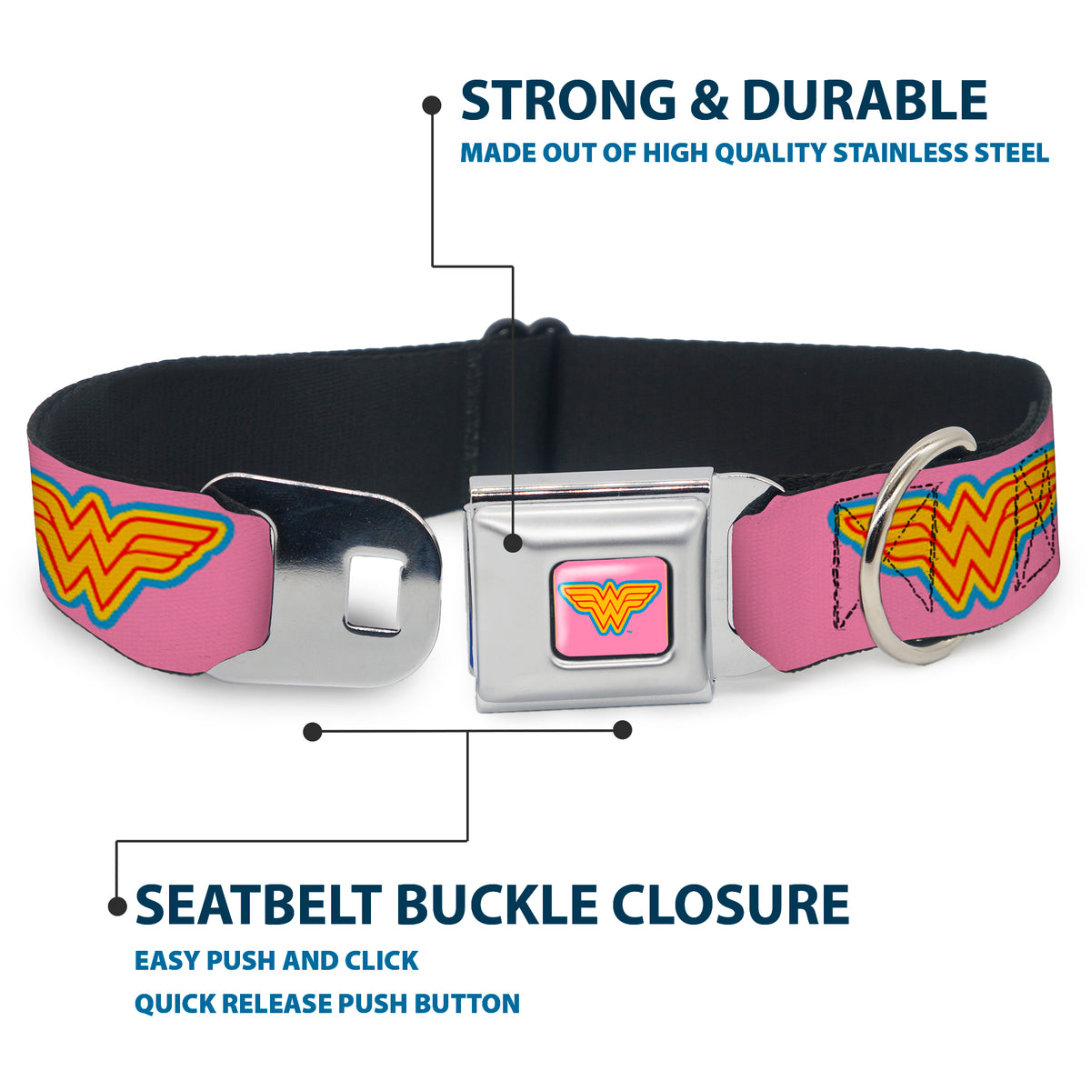 Wonder Woman Logo Pink/Blue/Yellow/Pink Seatbelt Buckle Collar - Wonder Woman Logo Pink/Blue/Yellow/Pink Dog Collars Seatbelt Buckle DC Comics