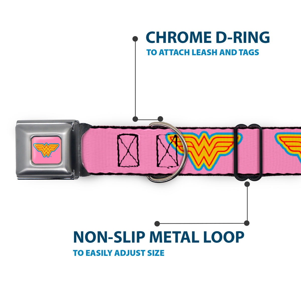 Wonder Woman Logo Pink/Blue/Yellow/Pink Seatbelt Buckle Collar - Wonder Woman Logo Pink/Blue/Yellow/Pink Dog Collars Seatbelt Buckle DC Comics