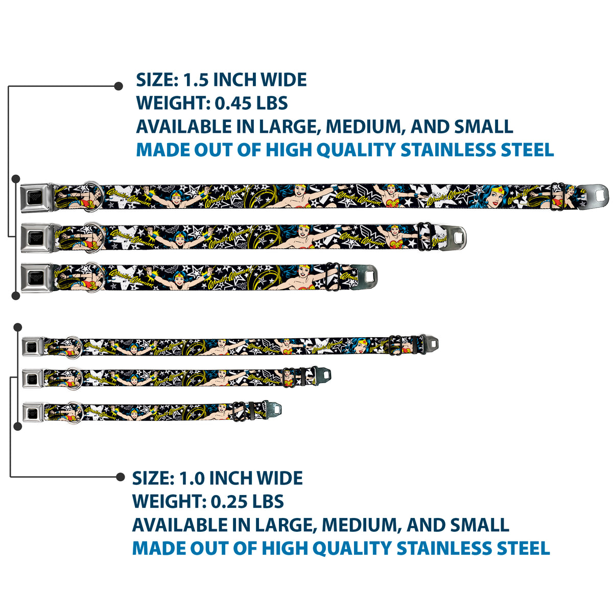 Wonder Woman Black Silver Seatbelt Buckle Collar - Wonder Woman/StarsÂ Black/White Dog Collars Seatbelt Buckle DC Comics