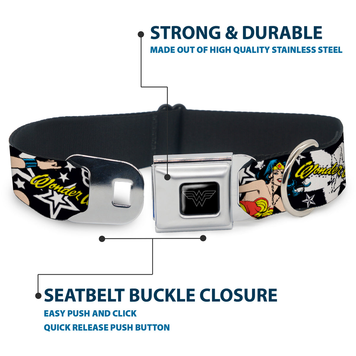 Wonder Woman Black Silver Seatbelt Buckle Collar - Wonder Woman/StarsÂ Black/White Dog Collars Seatbelt Buckle DC Comics