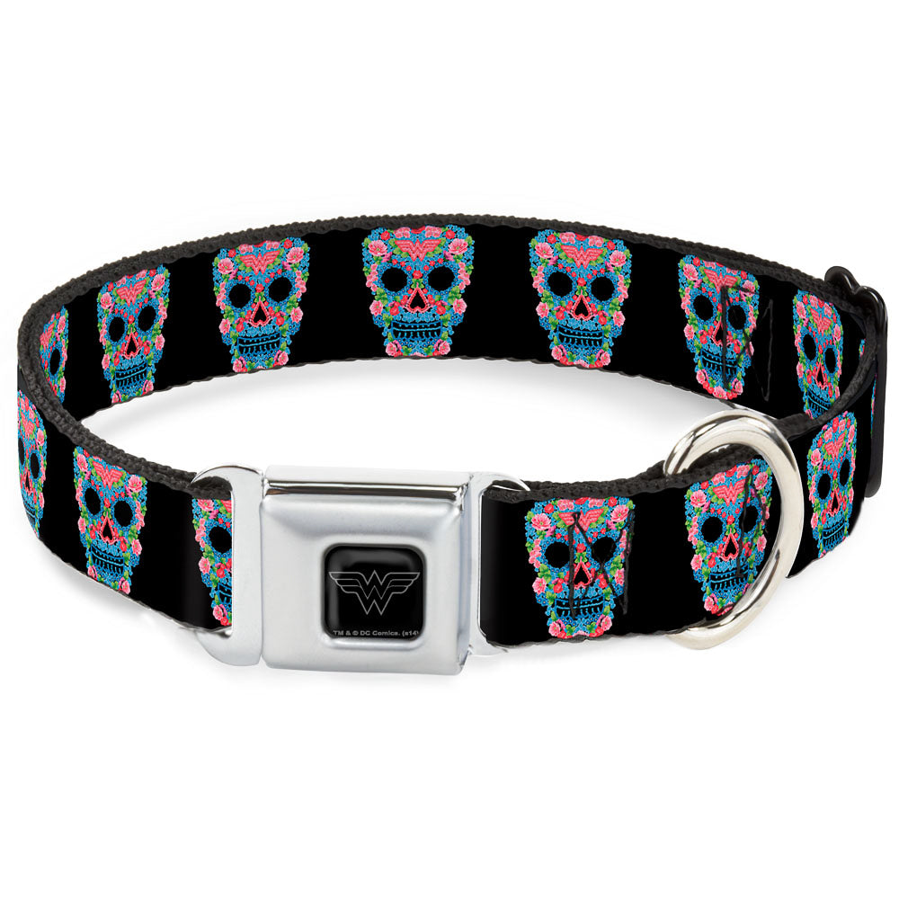 Wonder Woman Black Silver Seatbelt Buckle Collar - Wonder Woman Floral Skull Black/Multi Pastel Dog Collars Seatbelt Buckle DC Comics