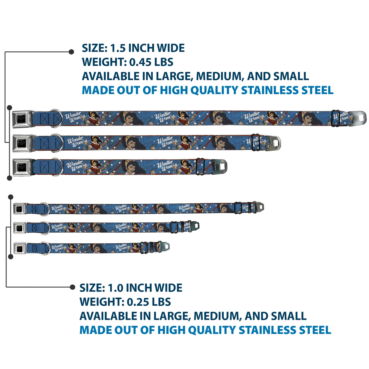 Wonder Woman Logo Black/Silver Seatbelt Buckle Collar - WONDER WOMAN/Bombshell Pose Blue/Red/White Dog Collars Seatbelt Buckle DC Comics