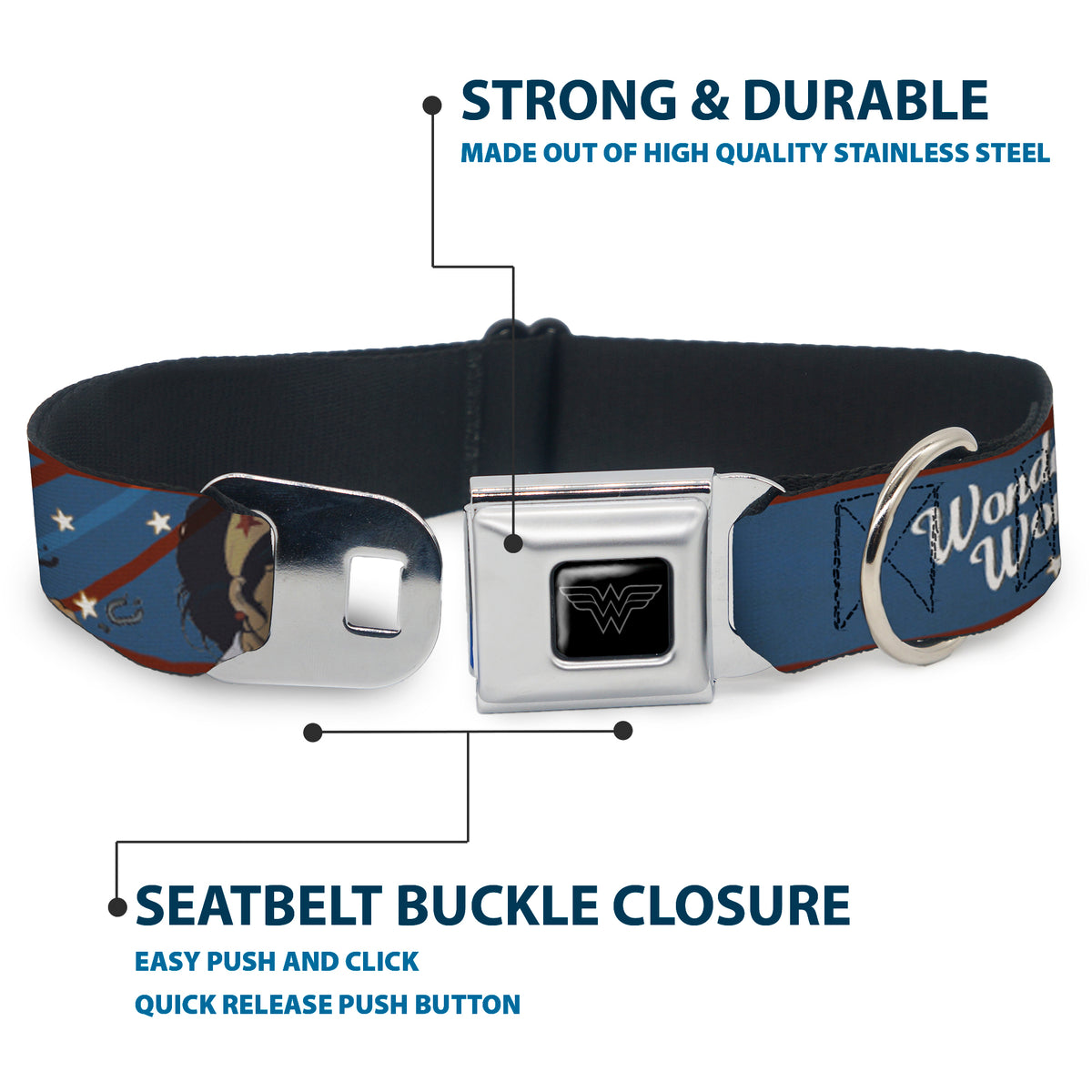 Wonder Woman Logo Black/Silver Seatbelt Buckle Collar - WONDER WOMAN/Bombshell Pose Blue/Red/White Dog Collars Seatbelt Buckle DC Comics