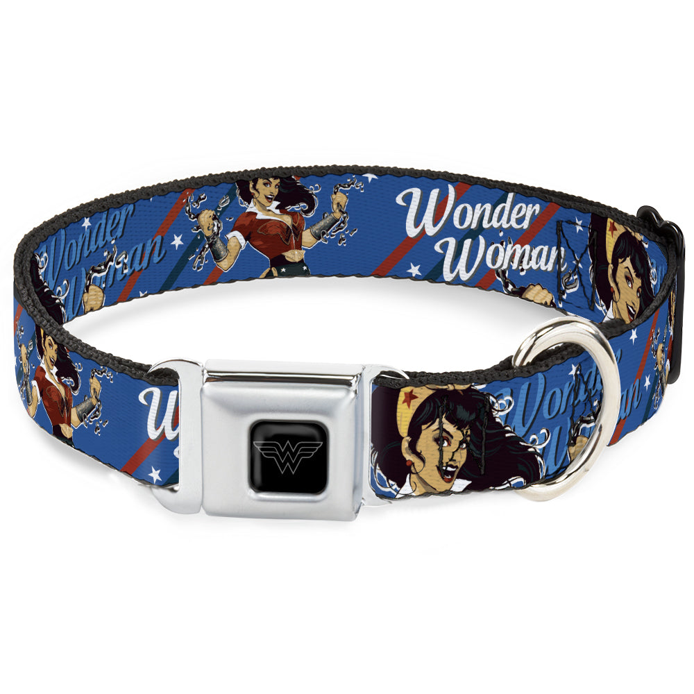 Wonder Woman Logo Black/Silver Seatbelt Buckle Collar - WONDER WOMAN/Bombshell Pose Blue/Red/White Dog Collars Seatbelt Buckle DC Comics