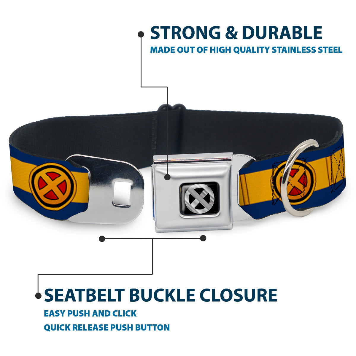 X-Men Icon Black/Silver Gradient Seatbelt Buckle Collar - X-Men Cyclops Utility Strap Blue/Gold/Black/Red Dog Collars Seatbelt Buckle Marvel Comics