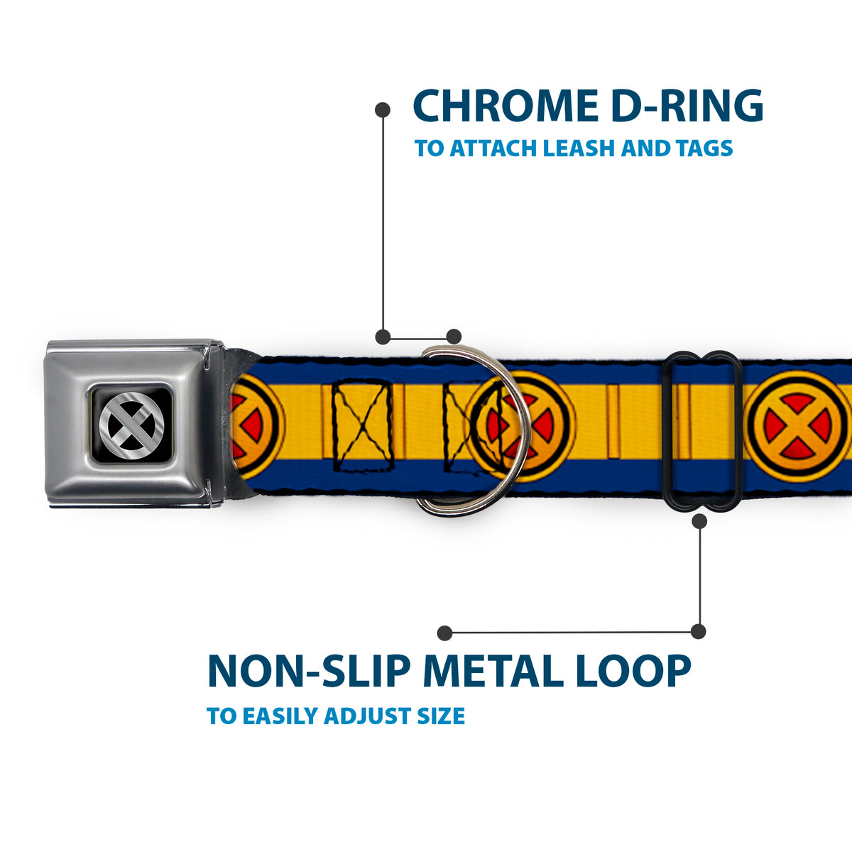 X-Men Icon Black/Silver Gradient Seatbelt Buckle Collar - X-Men Cyclops Utility Strap Blue/Gold/Black/Red Dog Collars Seatbelt Buckle Marvel Comics