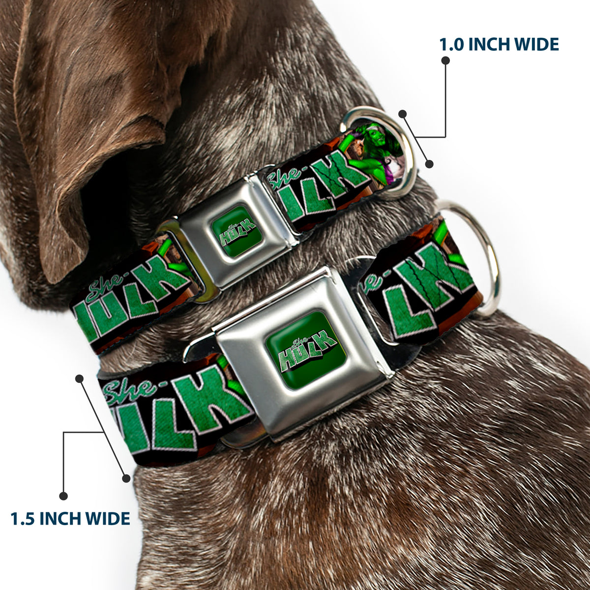 MARVEL UNIVERSE SHE-HULK Logo Full Color Greens Seatbelt Buckle Collar - SHE-HULK Comic Book Cover Poses/Rocks Dog Collars Seatbelt Buckle Marvel Comics