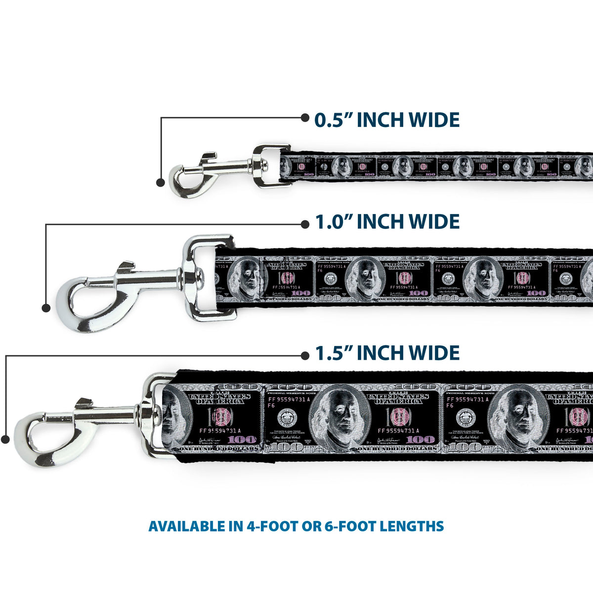Dog Leash - 100 Dollar Bill X-Ray Black/White Dog Leashes Buckle-Down