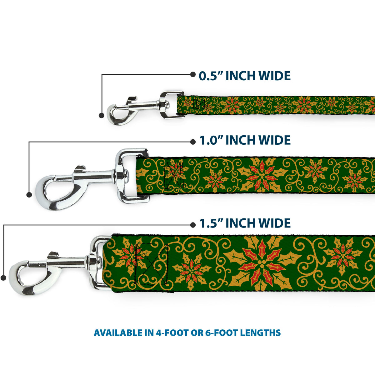 Dog Leash - Holiday Holly Green/Gold/Red Dog Leashes Buckle-Down