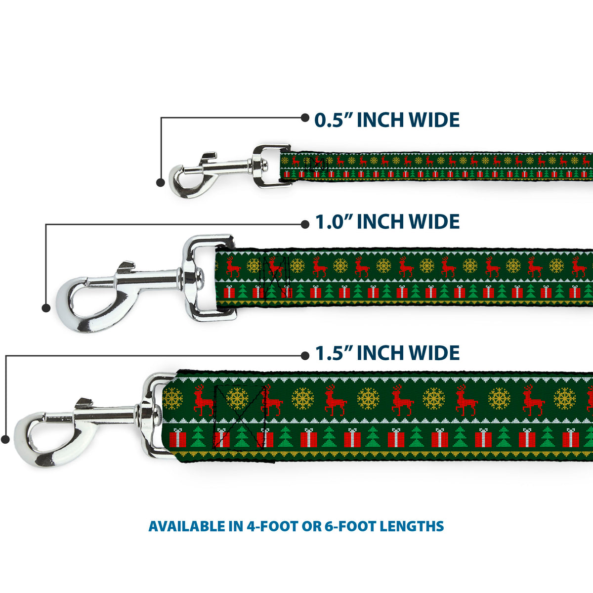 Dog Leash - Christmas Sweater Stitch Green White Gold Red Dog Leashes Buckle-Down