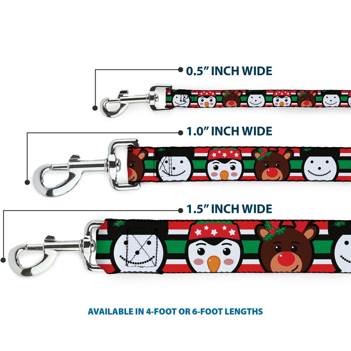 Dog Leash - Christmas Penguin/Reindeer/Snowman Stripe Red/White/Black/Green Dog Leashes Buckle-Down
