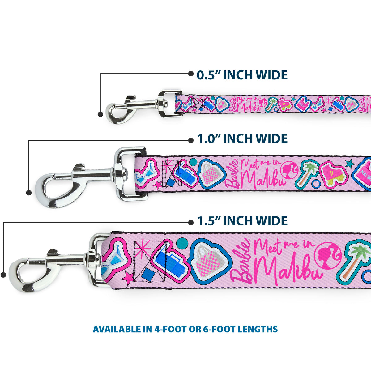 Dog Leash - BARBIE MEET ME IN MALIBU Icons Collage Pink/Multi Color Dog Leashes Barbie