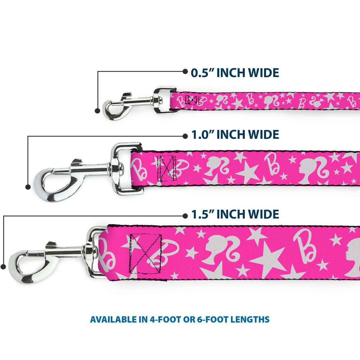 Dog Leash - Barbie Ponytail Silhouette and Star Scattered Pink/White Dog Leashes Barbie