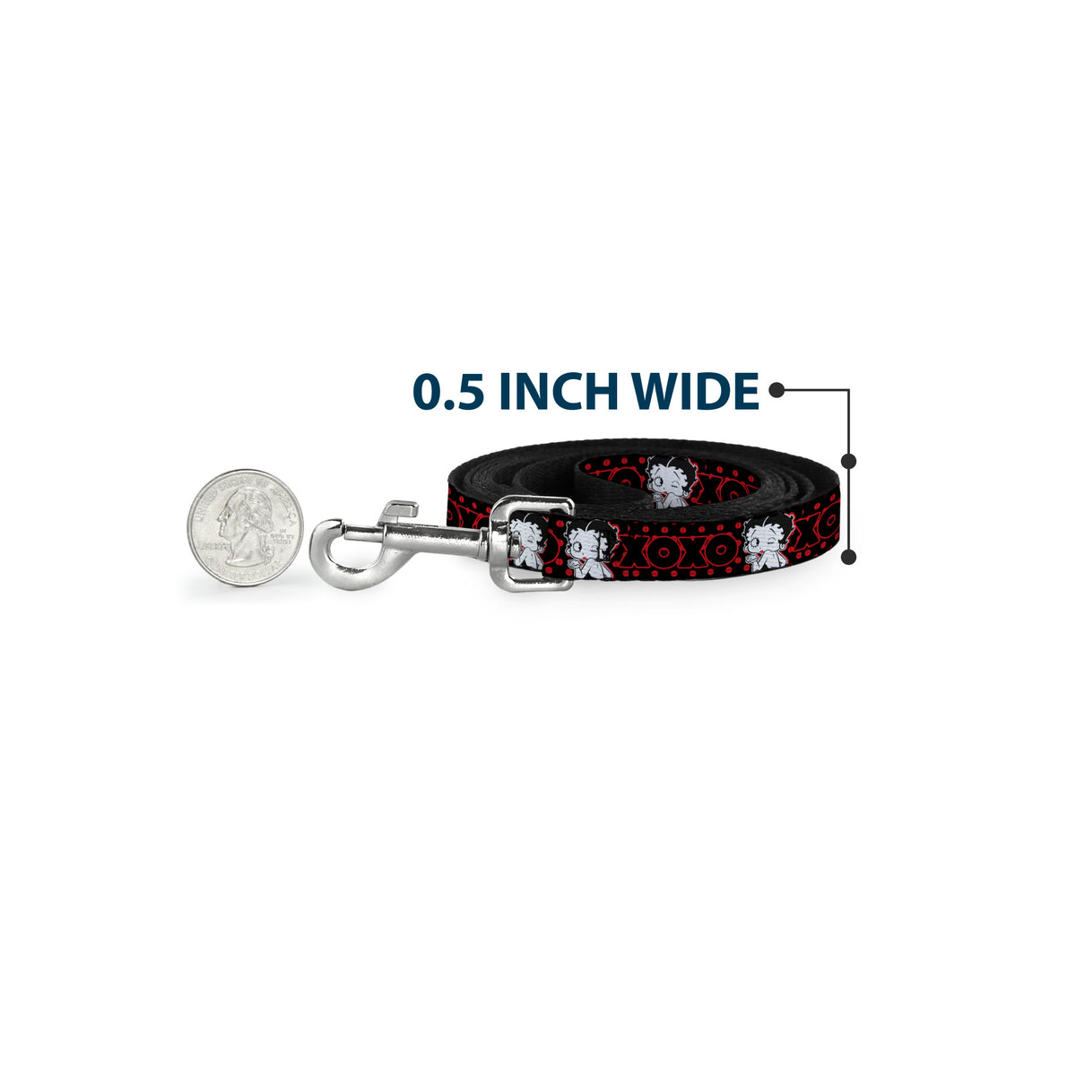Dog Leash - Betty Boop Winking Kiss Pose with XOXO Text Polka Dot Black/Red/White Dog Leashes Betty Boop