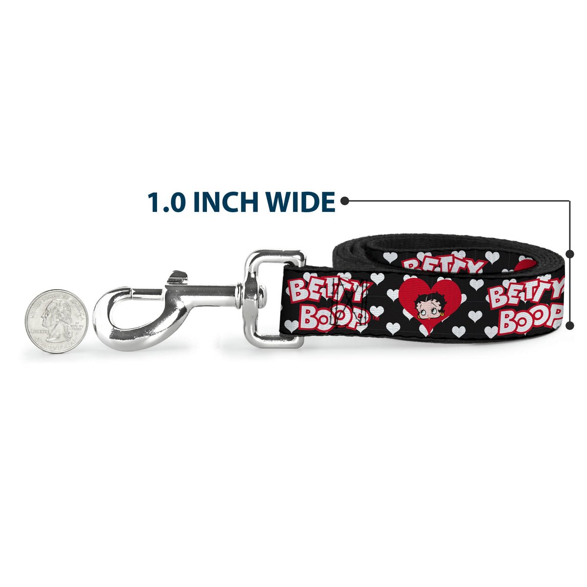 Dog Leash - BETTY BOOP Face and Text Hearts Black/White/Red Dog Leashes Betty Boop