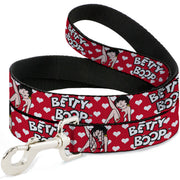 Dog Leash - BETTY BOOP Seated Leg Kick Pose and Text Hearts Red/White/Black Dog Leashes Betty Boop