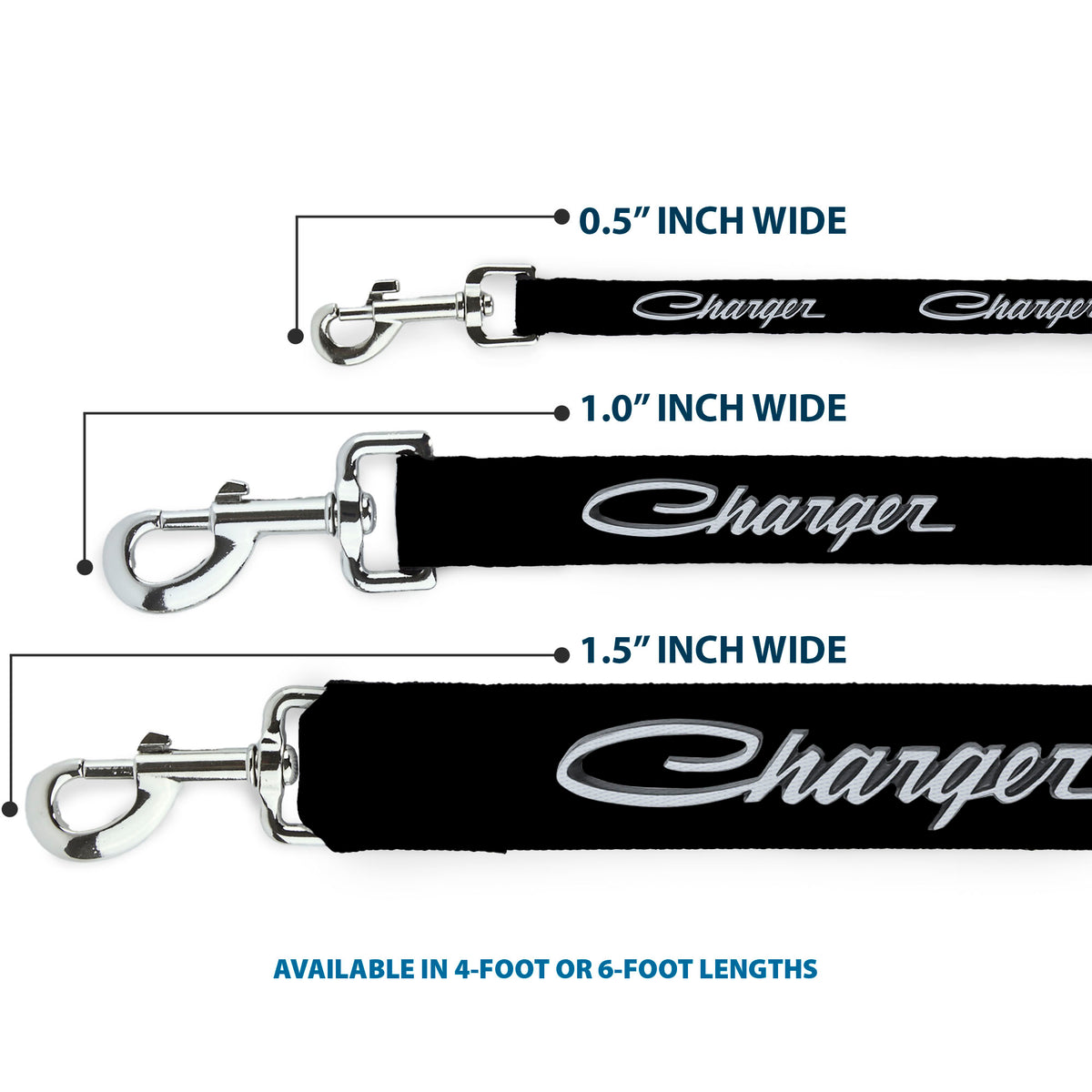 Dog Leash - CHARGER Script Emblem Corner Black/Silver Fade/White Dog Leashes Dodge