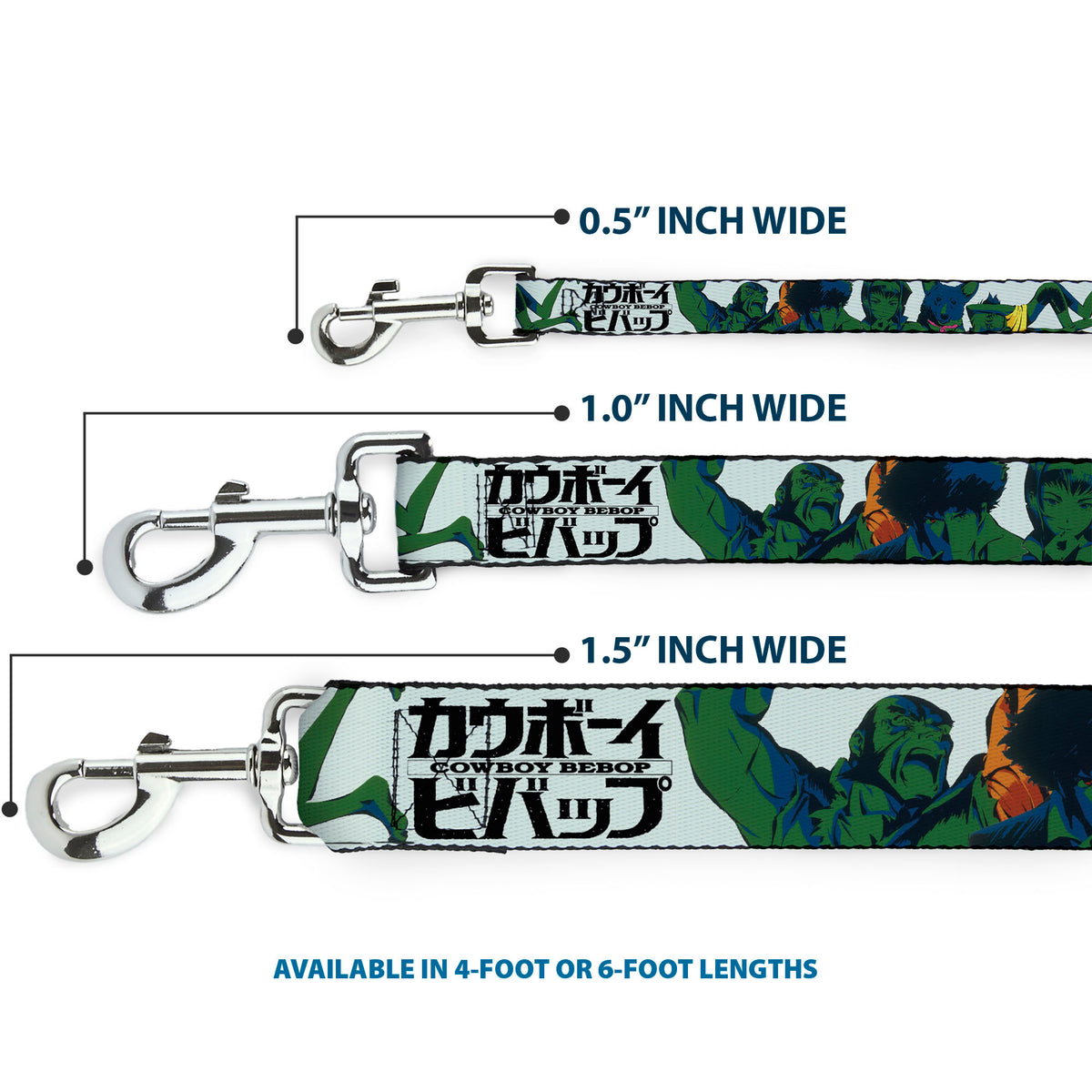Dog Leash - COWBOY BEBOP Crew Group Pose and Title Logo White/Black/Greens Dog Leashes Cowboy Bebop