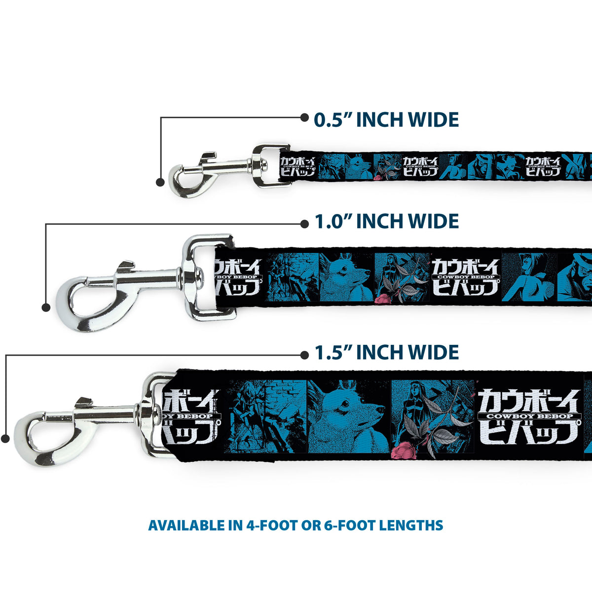 Dog Leash - COWBOY BEBOP Title Logo and Character Blocks Black/Blues Dog Leashes Cowboy Bebop