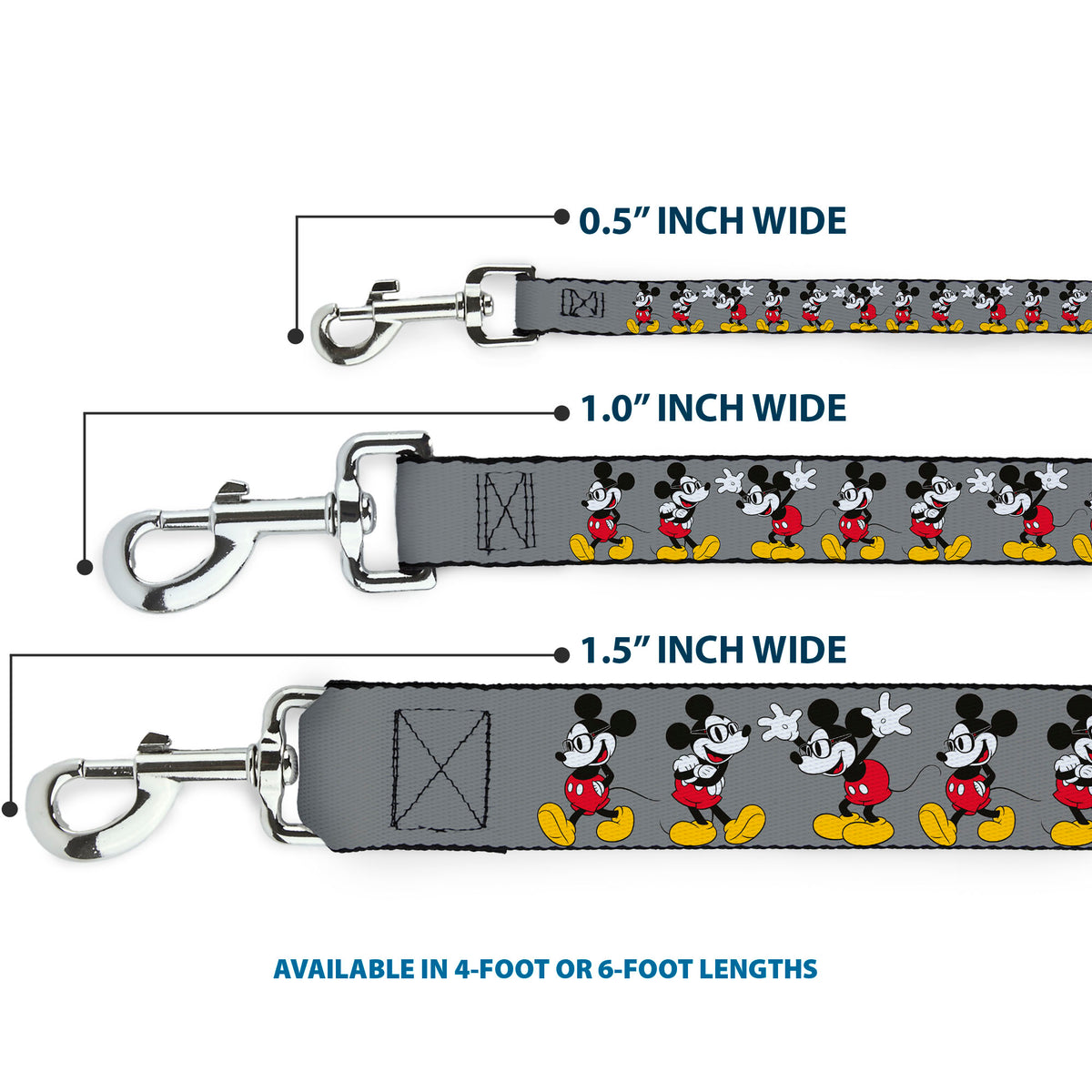 Dog Leash - Mickey Mouse w/Glasses Poses Gray Dog Leashes Disney
