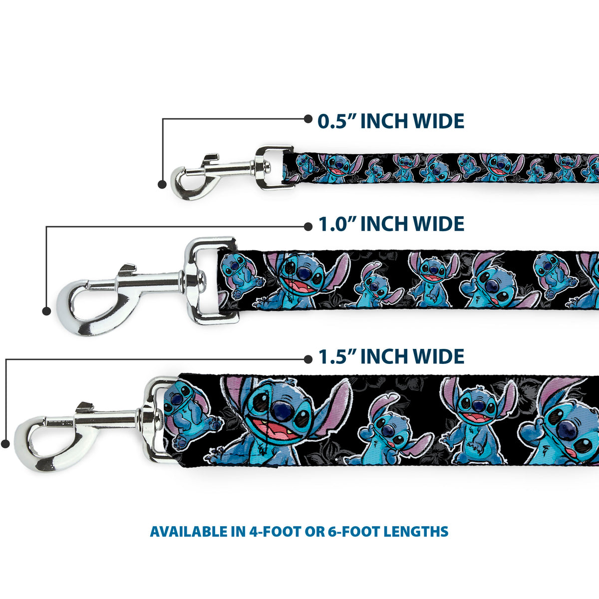 Dog Leash - Stitch Poses/Hibiscus Sketch Black/Gray/Blue Dog Leashes Disney