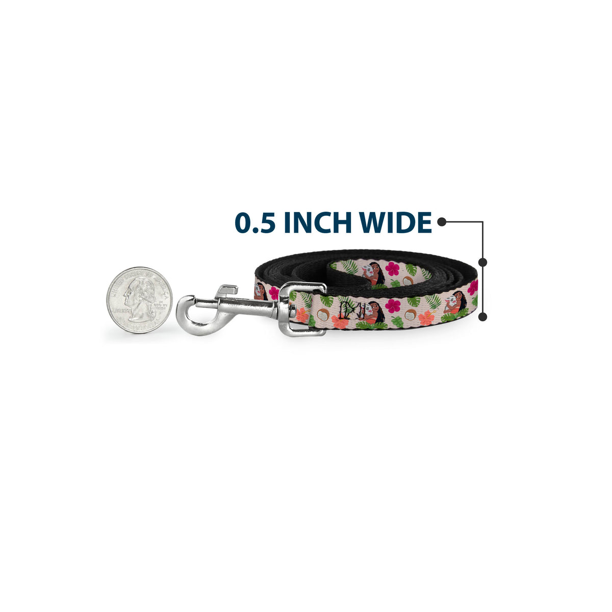 Dog Leash - Moana Hugging Pua Pose and Tropical Flora Beige Dog Leashes Disney