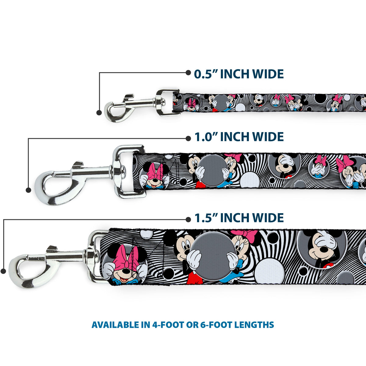 Dog Leash - Mickey & Minnie Peek-a-Boo Expressions Swirl Black/White Dog Leashes Disney