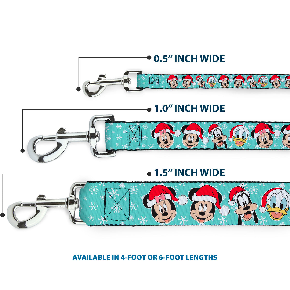 Dog Leash - Holiday Mickey and Friends Santa Hat Poses Snowflakes Light Blue/White Dog Leashes Disney
