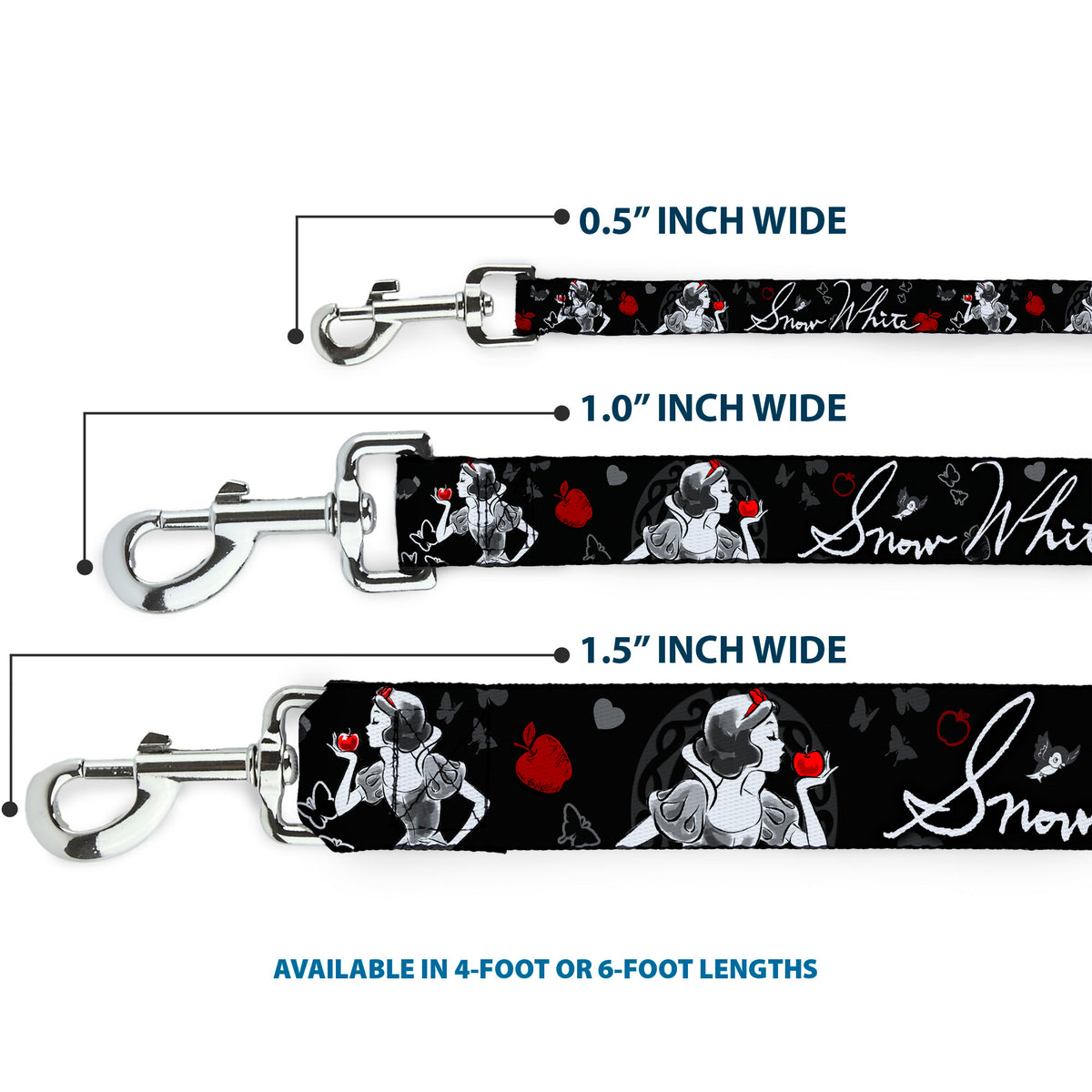 Dog Leash - SNOW WHITE Apple Poses/Butterflies Black/Gray/Red Dog Leashes Disney