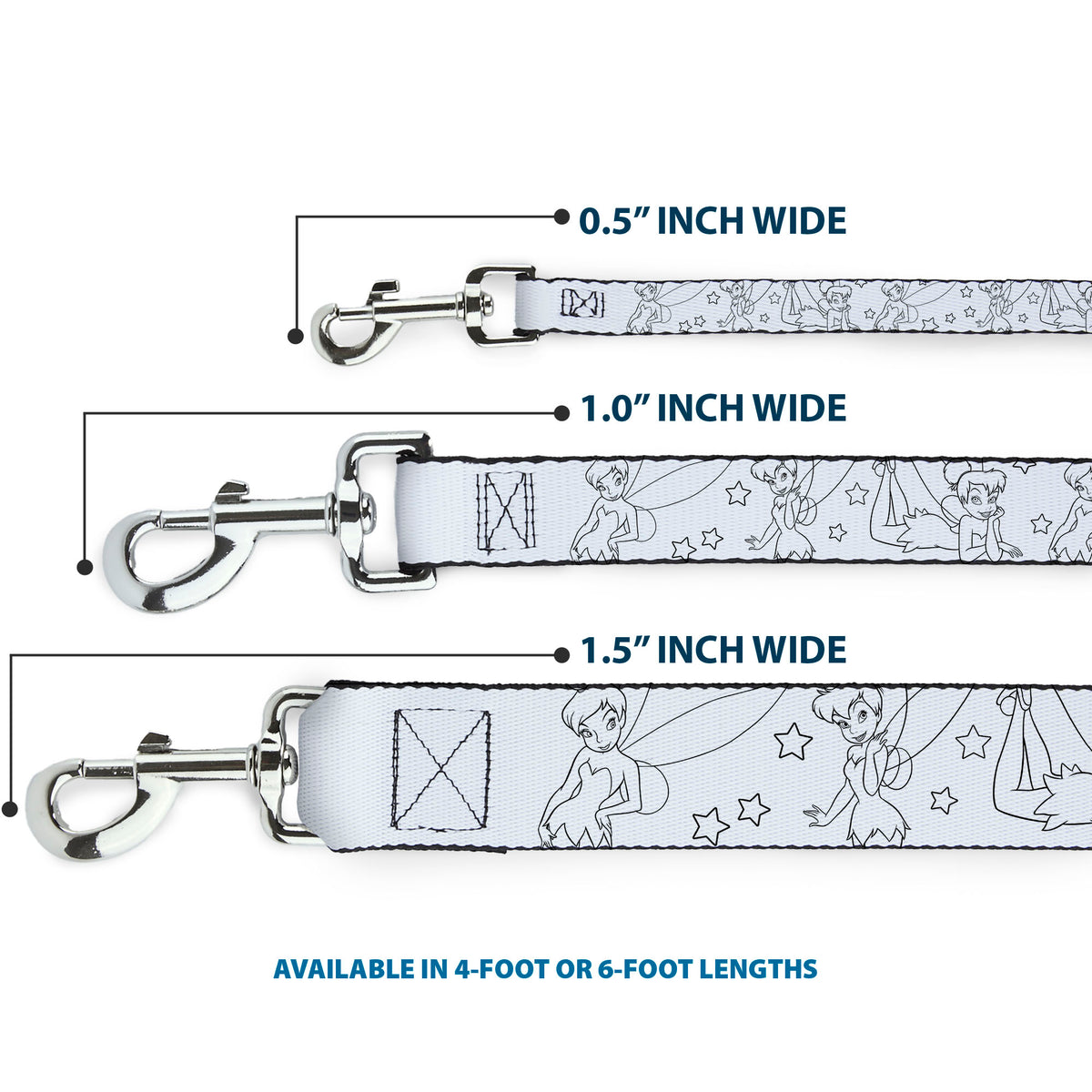 Dog Leash - Tinker Bell Poses/Stars Outline White/Black Dog Leashes Disney