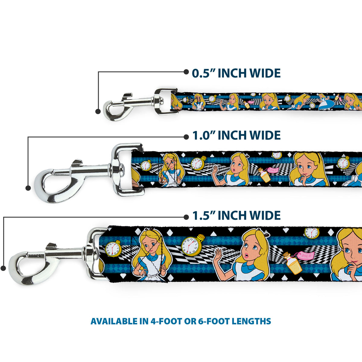 Dog Leash - Alice in Wonderland Poses/Clock/Bottle Diamond/Stripe Black/White/Blues Dog Leashes Disney