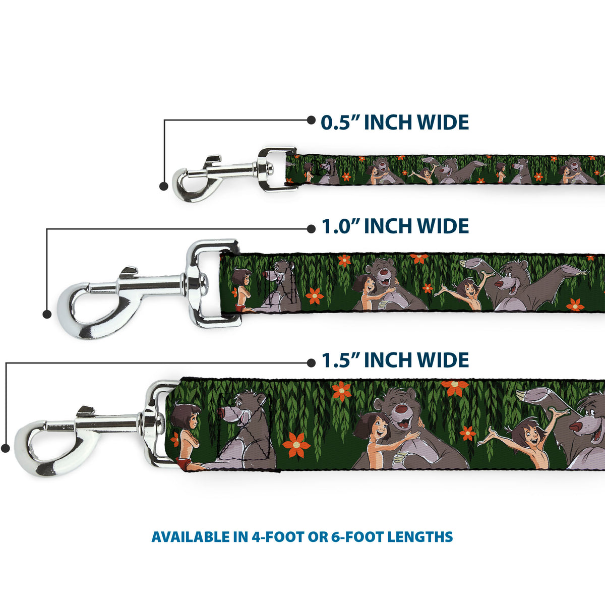 Dog Leash - Mowgli & Baloo 3-Poses Leaves/Flowers Greens/Orange Dog Leashes Disney