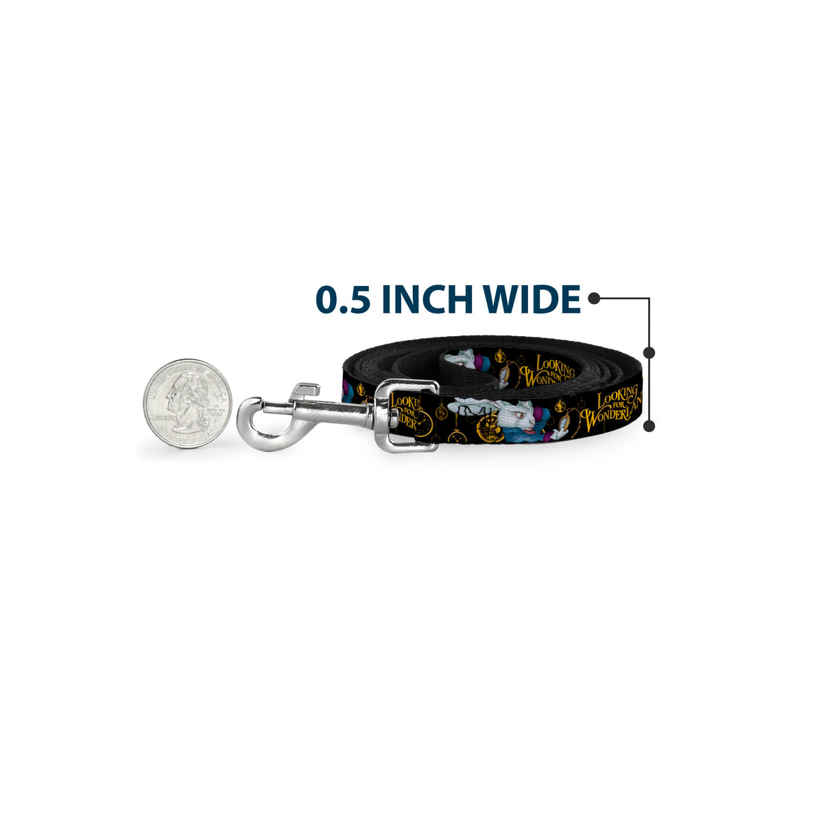 Dog Leash - White Rabbit Poses LOOKING FOR WONDERLAND/Clocks Black/Golds Dog Leashes Disney