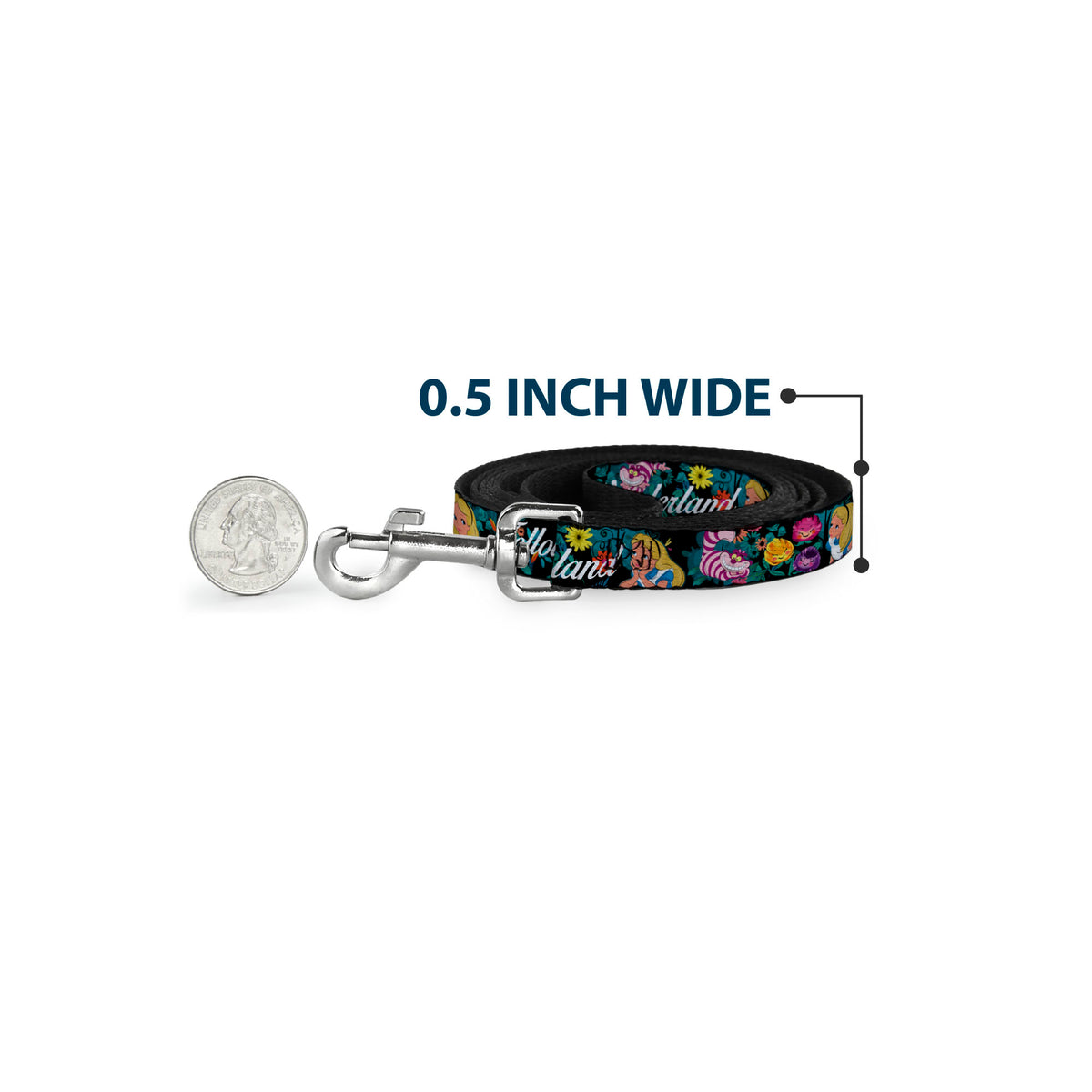 Dog Leash - Alice/Cheshire Cat/Flowers Poses2/FOLLOW ME TO WONDERLAND Black/Multi Color/White Dog Leashes Disney