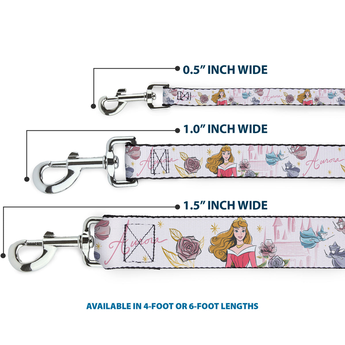 Dog Leash - Sleeping Beauty Aurora Castle and Fairy Godmothers Pose with Script and Flowers White/Pinks Dog Leashes Disney