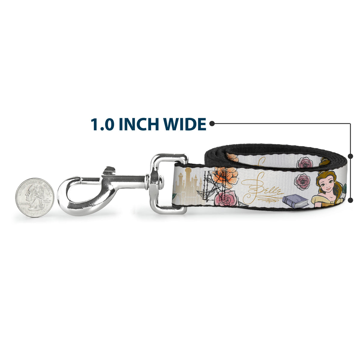 Dog Leash - Beauty and the Beast Belle Castle Pose with Script and Flowers White/Yellows Dog Leashes Disney