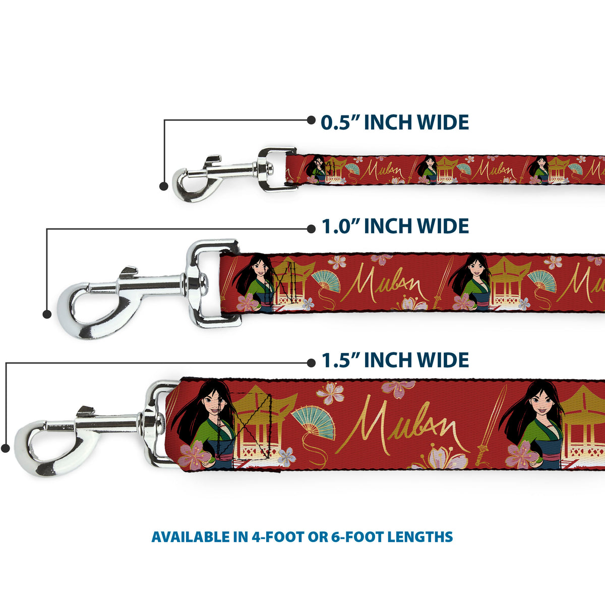 Dog Leash - Mulan Gazebo Pose with Flowers and Script Red/Golds Dog Leashes Disney