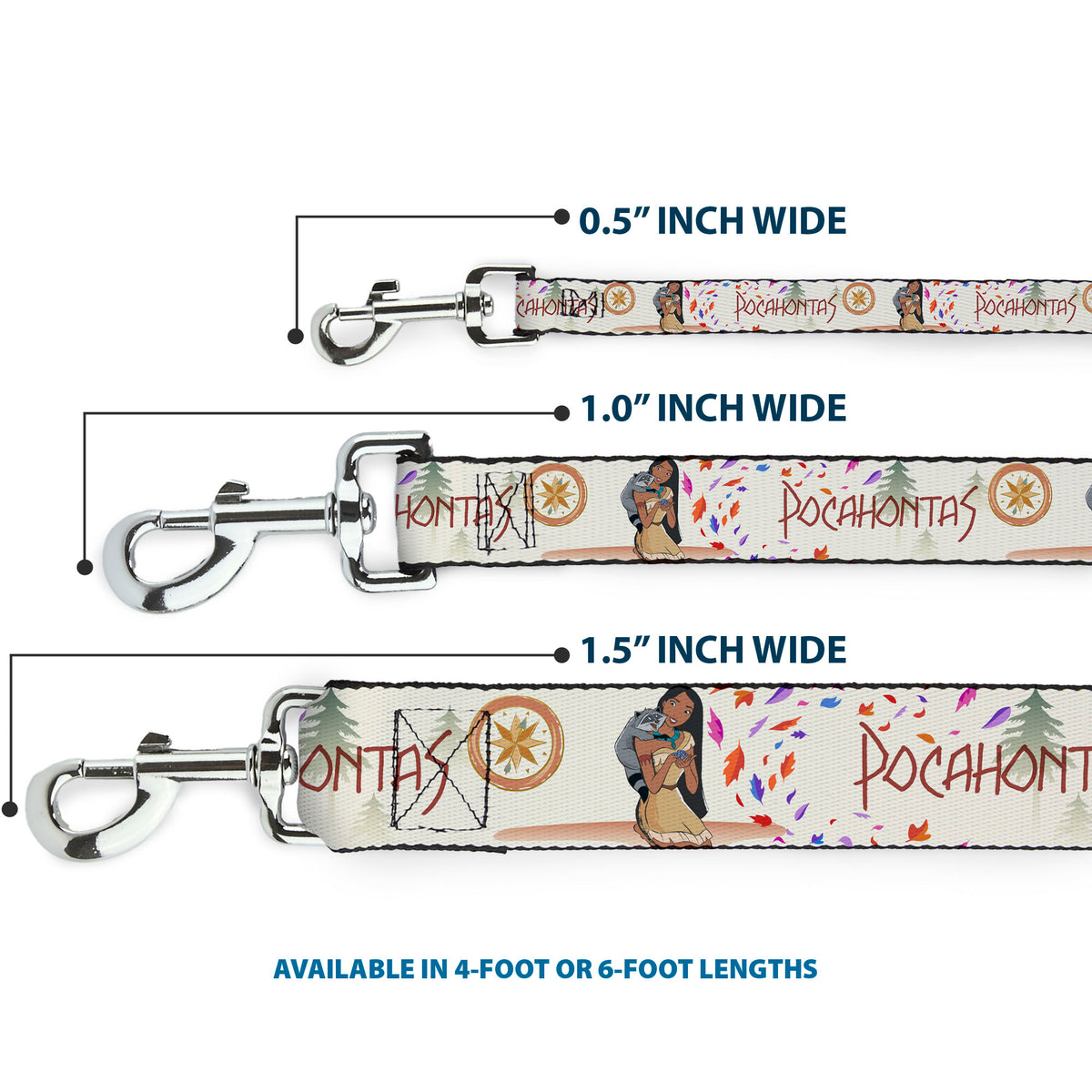 Dog Leash - Pocahontas and Meeko Compass Pose with Script and Leaves Beige Dog Leashes Disney