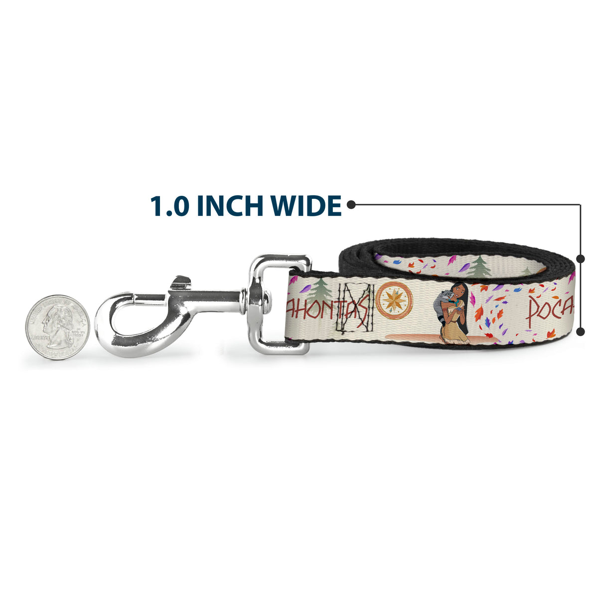 Dog Leash - Pocahontas and Meeko Compass Pose with Script and Leaves Beige Dog Leashes Disney