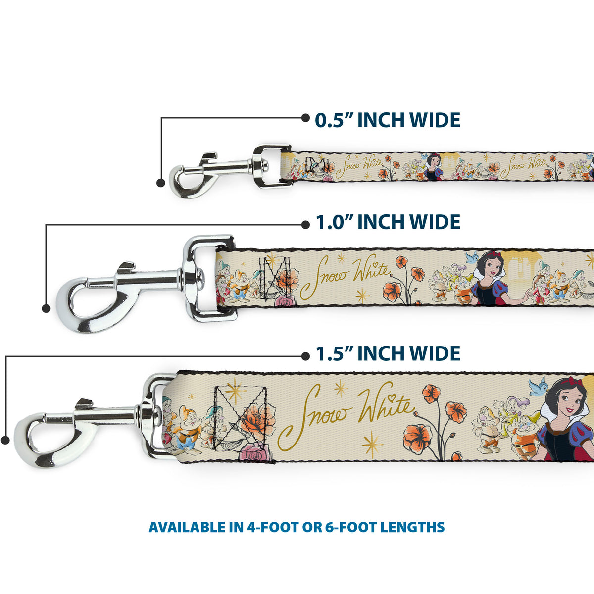 Dog Leash - Snow White and the Seven Dwarfs with Script and Flowers Yellows Dog Leashes Disney
