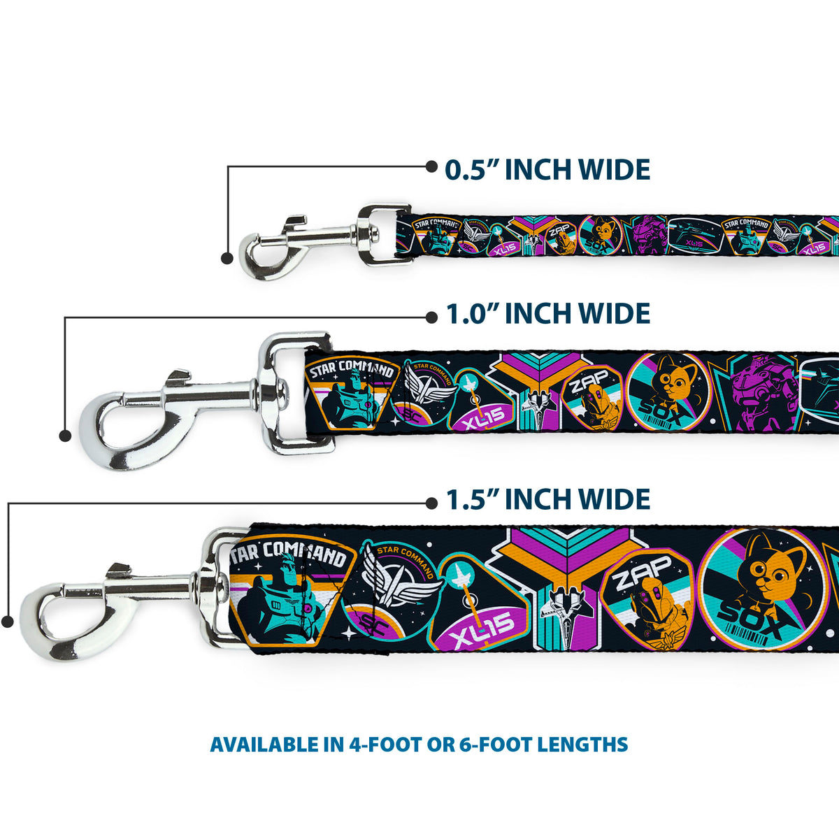 Dog Leash - Lightyear Mission Patches Collage Black/Multi Color Dog Leashes Disney