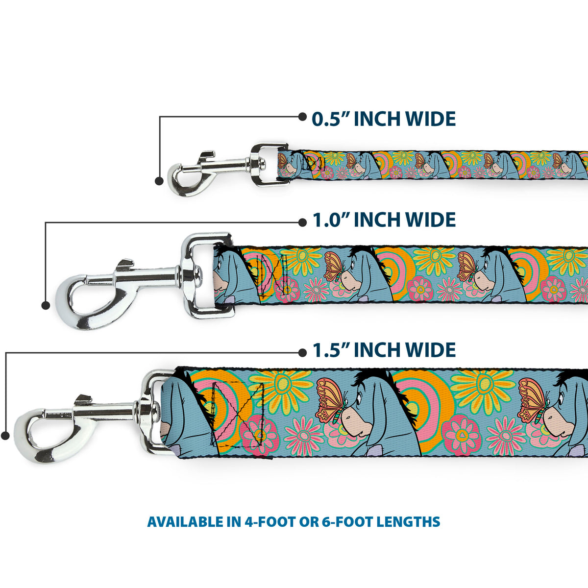 Dog Leash - Winnie the Pooh Eeyore Butterfly Pose Floral Collage Blue/Pinks/Yellows Dog Leashes Disney