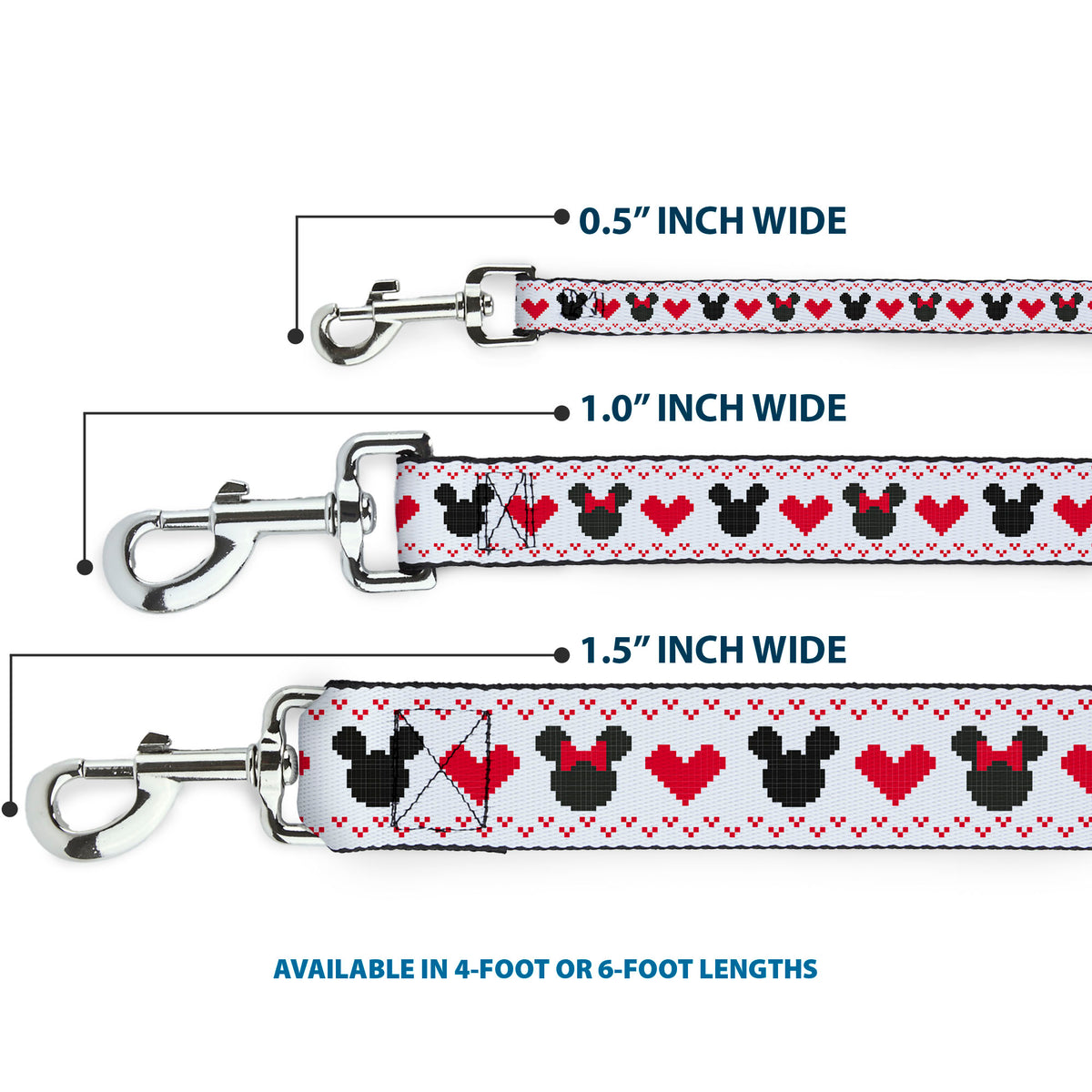 Dog Leash - Disney Holiday Mickey and Minnie Mouse Heart Sweater Stitch White/Red/Black Dog Leashes Disney