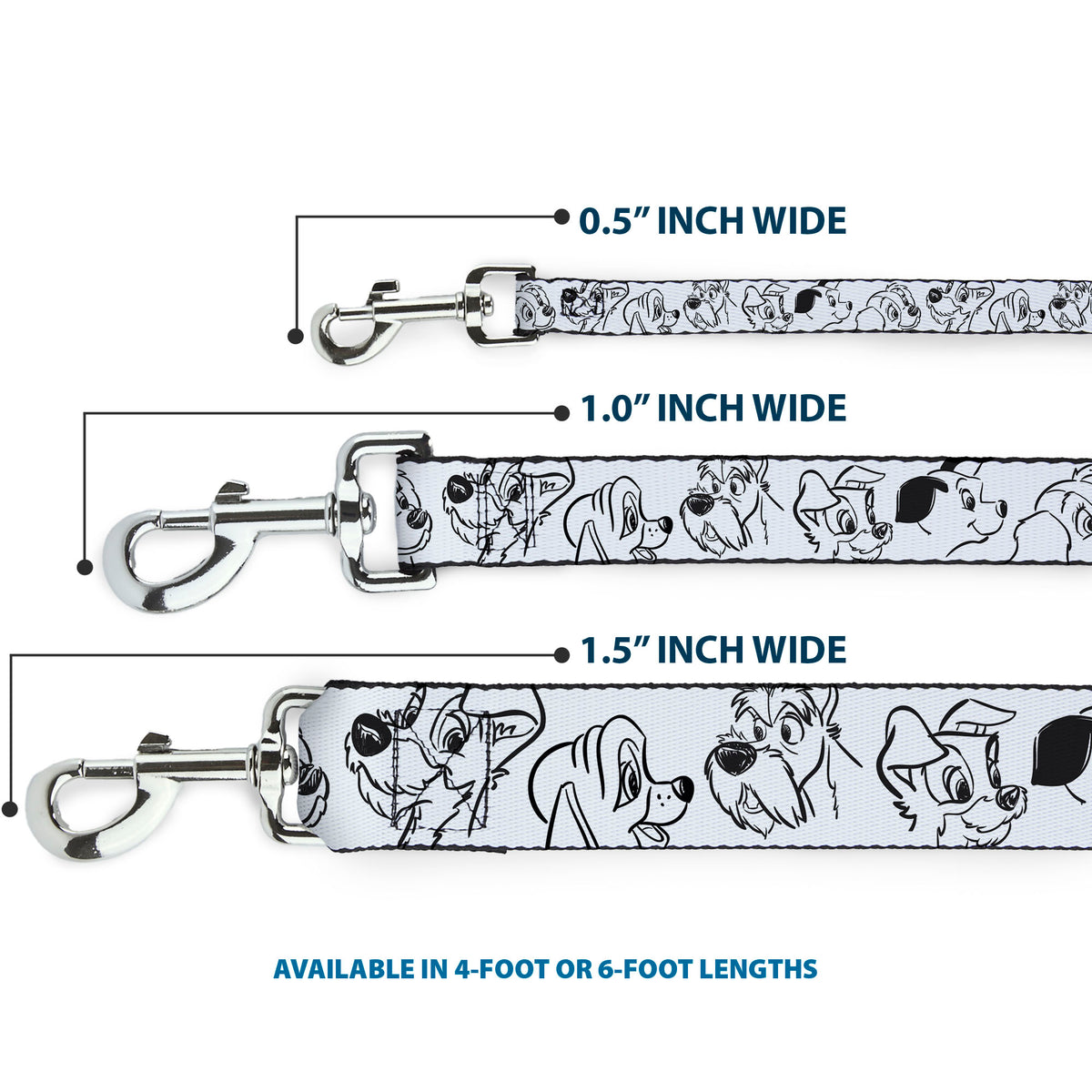 Dog Leash - Disney Dogs Face Outlines White/Black Dog Leashes Disney